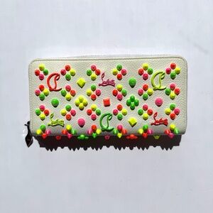 Christian Louboutin Panettone Spike Loubinthesky White Leather Neon Zip Wallet